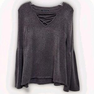 American Eagle Women's S Gray Boho Sweater Criss Cross Neckline Bell Sleeve